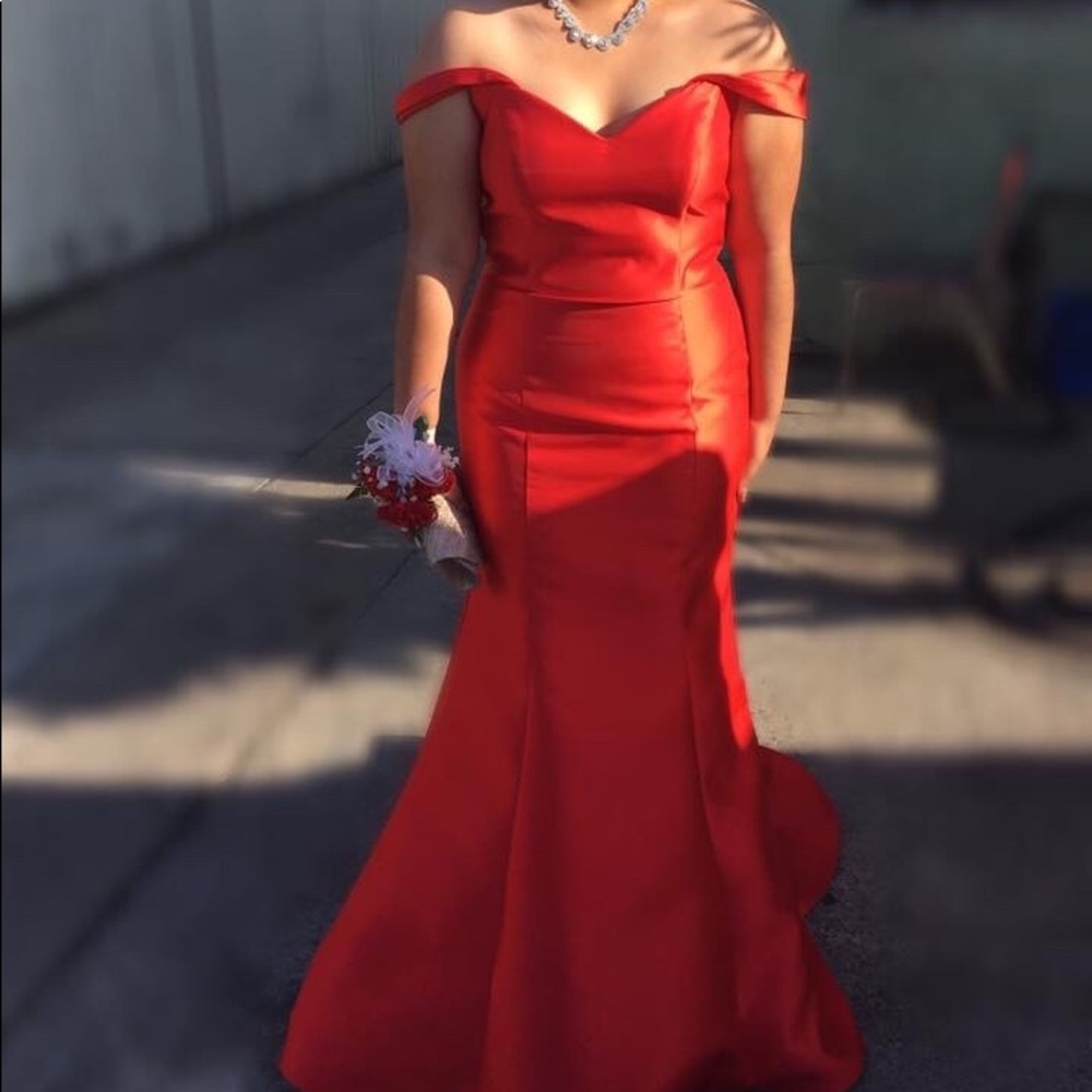 Red off the shoulder prom dress
